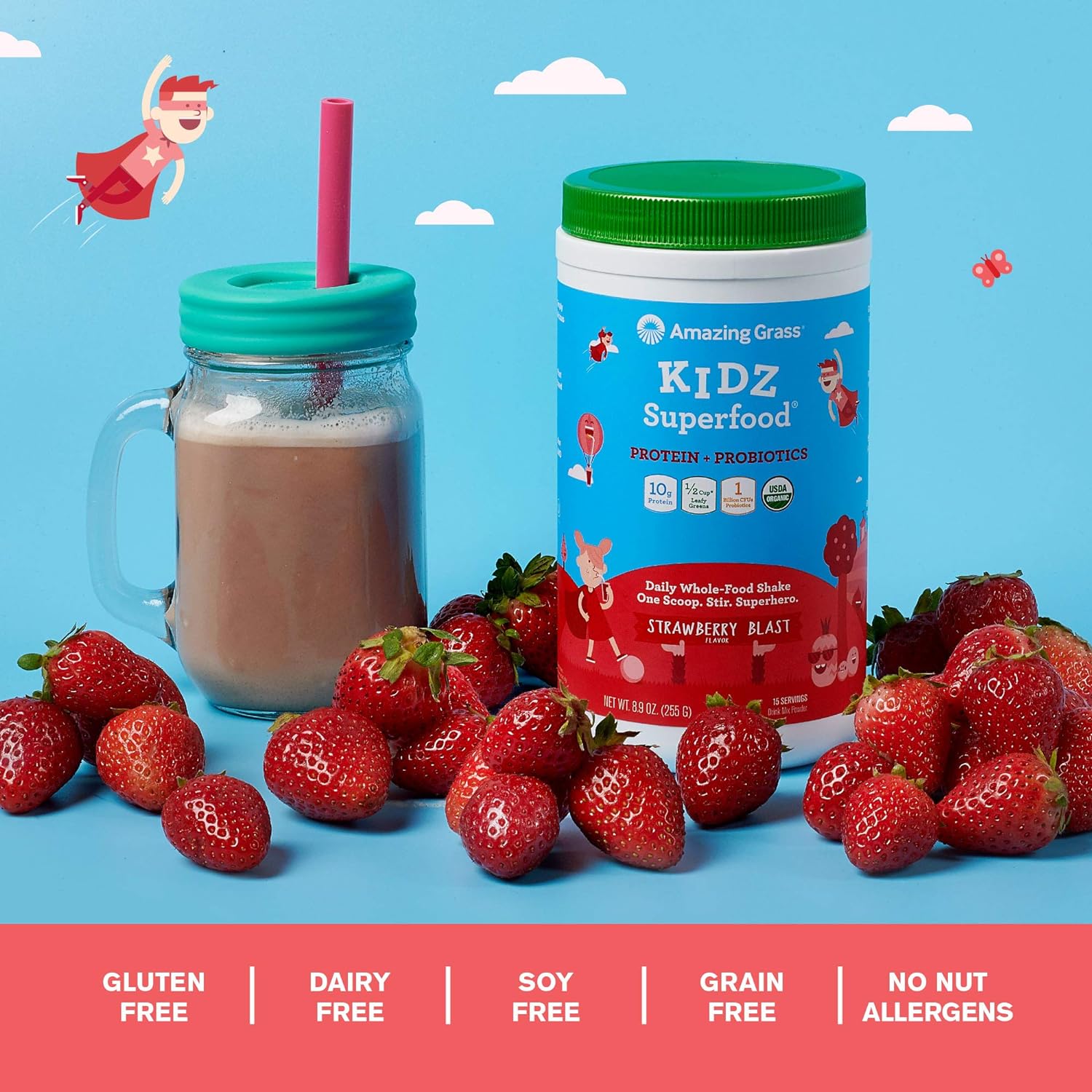 Amazing Grass Kidz Superfood: Organic Greens, Fruits, Veggies, Beet Root Powder & Probiotics for Healthy Kids, Outrageous Chocolate, 30 Servings, 6.35 Ounce (Pack of 1) - Image 5